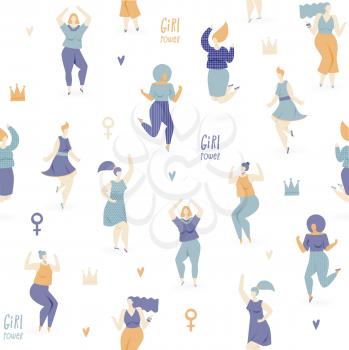Woman dance, vector seamless pattern with dancing and jumping girls, feminism concept