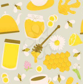 Honey and ginger seamless pattern, vector honey comb and bee, sliced ginger root.