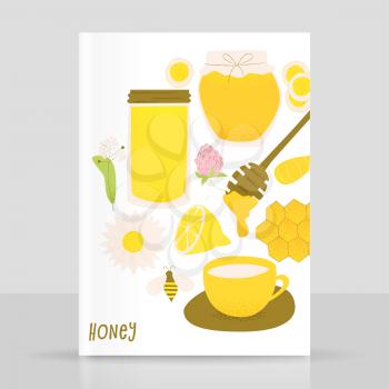 Honey and ginger design concept, vector honey comb and bee, sliced ginger root.