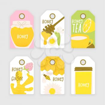 Honey and ginger design concept, vector honey comb and bee, sliced ginger root.