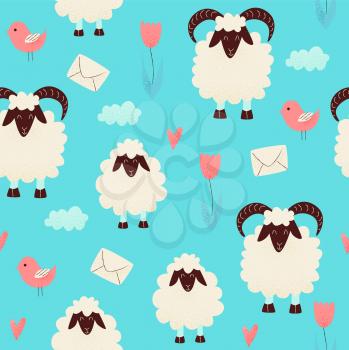 Cute sheep with heart ans bird, vector design