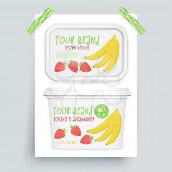 Yogurt box mockup, vector 3d design with banana and strawberry frozen yogurt