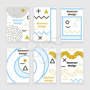 Memphis gold, vector poster set with glitter elements, trendy design