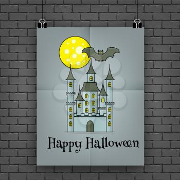 Halloween poster hanging on the wall, spooky castle background