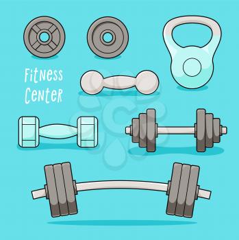 Gym barbells and dumbbells set, fitness center vector illustration