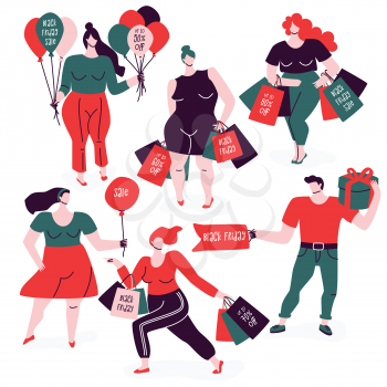 Black Friday poster with people. Women and men carry shopping bags, balloons, tags and presents. Sales and discounts illustration. Flat design concept.