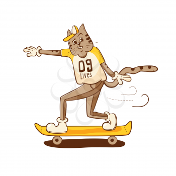 Cat riding skate. 9 lives t shirt design. Modern vector illustration with character design. Urban concept.