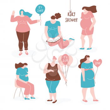 Pregnant women, vector flat set. It's a boy and it's a girl signs on balloons, cute concept.