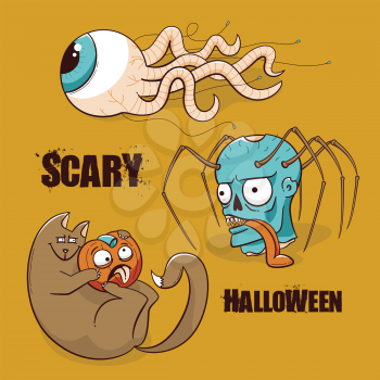 Halloween party poster, scary design of zombie, cat and pumpkin, eye with the worm tentacles