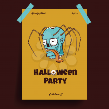 Halloween party poster, scary design of zombie with spider's legs
