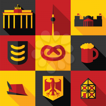 Vector illustration icon set of Germany: Brandenburg Gate, Berlin TV Tower, Bundestag, sausage, pretzel, beer, hat, emblem, timber framing house