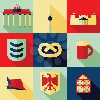 Vector illustration icon set of Germany: Brandenburg Gate, Berlin TV Tower, Bundestag, sausage, pretzel, beer, hat, emblem, timber framing house