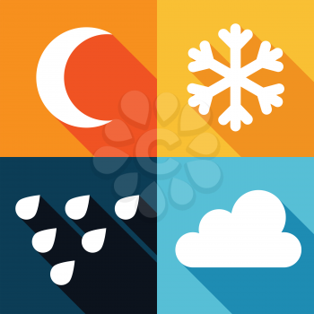 Weather icons. Rain, cloudy days, moon, snow. Vector illustration