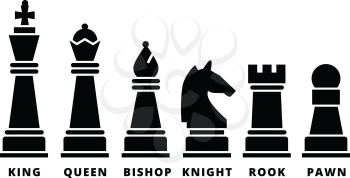 Set of chess piece. Vector icons in black silhouettes. King queen rook bishop knight and pawn