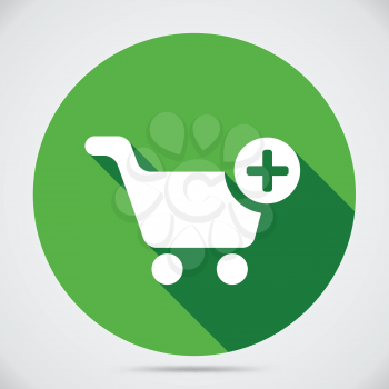 Shopping cart icon with a plus sign on green circle to add selected merchandise to the trolley for purchase at checkout on green circle web navigation button for online shopping