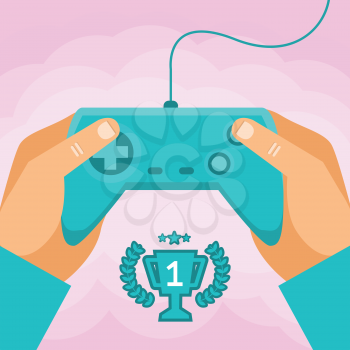 Vector game concept - hands holding joystick with wire and gamification icons in flat style on pink background
