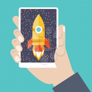 Modern vector illustration concept for new business project startup, new product or service. Smartphone in hand with spaceship. Cellphone in hand with spaceship.