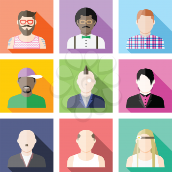 Set of user avatar icons in flat style with hipster, nerd, punk, rapper, emo, skinhead, loser, hippie, folk.
