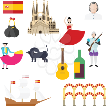 Spanish symbols, signs and landmarks. Architecture of Barcelona. Spanish Armada. Bullfighting. Torero. Bull. Sagrada Familia. Spanish flag. Castanets. Guitar. Vine. Salsa. Warship. Dali.Antoni Gaudi.