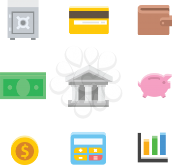Symbols of Business and Finance: money, safe, case, card, purse, piggy bank, coin. Vector flat illustration