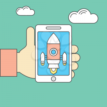 Modern vector illustration concept for new business project startup, new product or service. Smartphone in hand with spaceship. Cellphone in hand with spaceship.