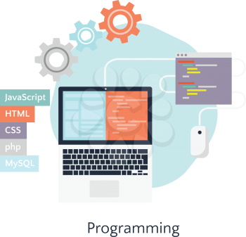 Abstract flat vector illustration of software coding and development concepts. Design elements for mobile and web applications. Programming in JavaScript, HTML, CSS, php, MySQL.