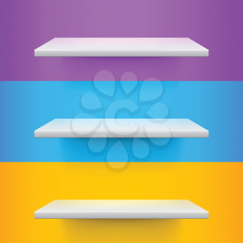 Three white realistic shelves on voilet, blue and yellow background. Vector illustration