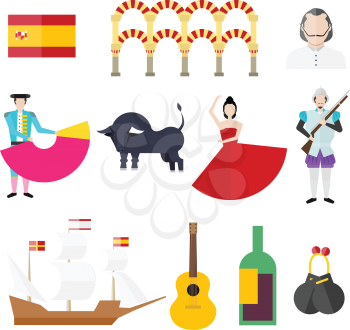 Spanish symbols, signs and landmarks. Barcelona. Spanish Armada. Bullfighting. Torero. Bull. Spanish flag. Castanets. Guitar. Vine. Salsa. Warship.