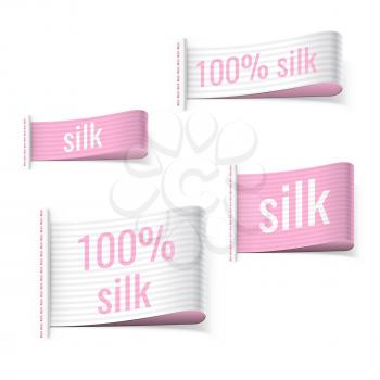 100% silk product clothing pink labels. Silk signs. Vector illustartion.