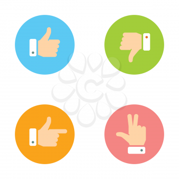 Thumb Up, Thumb Down, Peace Hand, Forefinger Icons Set. Social Network Vector Icons for App and Website. Like, Dislike Flat Signs.  