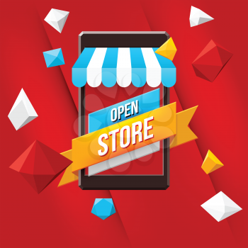 Online shopping concept with red background. Mobile market .Vector illustration.