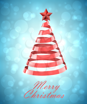 Abstract Red Ribbon Christmas Tree On Blue Background. Abstract Red New Year Tree On Blue Background