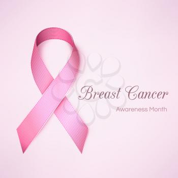 Realistic Pink Ribbon with Shadow. Breast Cancer Awareness Sign. Vector Isolated Illustration on Pink Background.