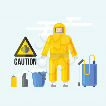 Chemical Cleaning Services. Caution attention signs. Insect fumigation spray symbol. Vector Illustration of Bugs' Disinfection