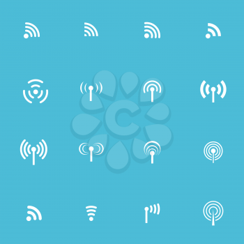 Set of sixteen vector wireless and wifi icons for remote access and communication via radio waves