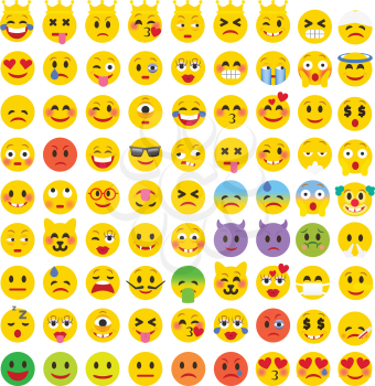 Abstract Flat Funny Set of Emoticons. Set of Emoji. Good Mood Smile Icons. Emotions of Happiness, Love, Anger, Frustration, Eagerness.