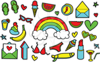 Fashion patch badges with bra, hearts, rainbow, stars, arrows and other elements. Vector illustration isolated on white background. Set of stickers, pins, patches in cartoon 80s-90s comic style.