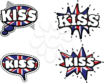 Fashion Patch Badge British Expressions, Kiss Speech Bubbles. Set of Kiss Stickers, Pins in Cartoon Comic Style.