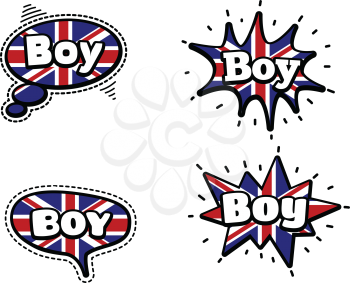 Fashion Patch Badge British Expressions, Boy Speech Bubbles. Set of Boy Stickers, Pins in Cartoon Comic Style.