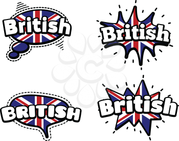 Fashion Patch Badge British Expressions, British Speech Bubbles. Set of British Stickers, Pins in Cartoon Comic Style.
