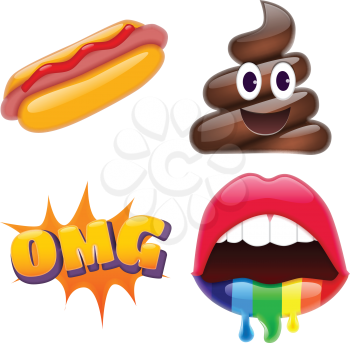Set of Fantastic Smiley Emoticons, Emoji Design Set. Bright Icons of Love. Lips, Shit, Hot Dog, and OMG Bubble. Stickes and Patches
