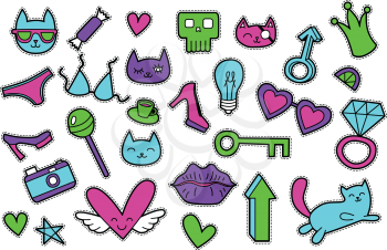 Fashion patch badges with bra, hearts, cats, stars, lips, camera, glasses, shoes. Vector illustration isolated on white background. Set of stickers, pins, patches in cartoon 80s-90s comic style.