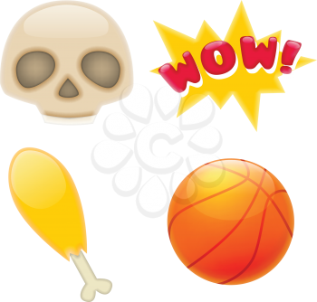 Set of Fantastic Smiley Emoticons, Emoji Design Set. Bright Icons of Skuls, Basketball Ball, Chicken Leg, WOW Expression. Stickers and Patches