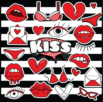 Fashion Summer Patch Badges with Kiss, Bra, Hearts, Eye, Lips, Letter, Sunglasses, Shoes. Set of Stickers, Pins, Patches in Cartoon 80s-90s Comic Style.