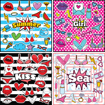 Fashion Summer Patch Badges Sets with Sea, Summer, Girl, Kiss, Lipstick, Cat, Hearts, Camera, Sunglasses, Shoes, Candy, Ring, Drink, Key. Set of Stickers, Pins, Patches in Cartoon 80s-90s Comic Style.