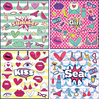 Fashion Summer Patch Badges Sets with Sea, Summer, Girl, Kiss, Lipstick, Cat, Hearts, Crown, Sex, Shoes, Candy, Star, Drink, Key. Set of Stickers, Pins, Patches in Cartoon 80s-90s Comic Style.