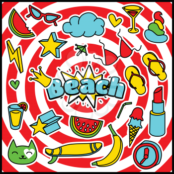 Fashion Summer Patch Badges with Beach Expression, Lipstick, Slippers, Surfboard, Crown, Sunglasses, Banana, Drinks, Cloud, Star, Watermelon. Set of Stickers, Pins, Patches in Cartoon 80s-90s Comic St