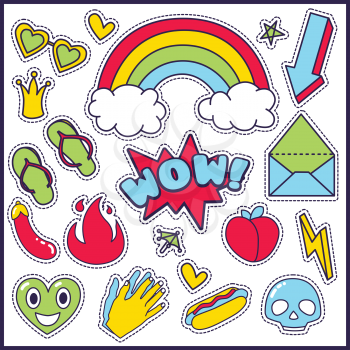 Fashion Summer Patch Badges with WOW Expression, Letter, Arrow, Hands, Fire, Sunglasses, Hot Dog, Skulls, Clouds, Rainbow, Eggplant. Set of Stickers, Pins, Patches in Cartoon 80s-90s Comic Style.
