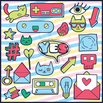 Chic Fashion Summer Patch Badges with YES Expression, Letter, Cat, Strawberry, Skulls, Lamp, Cassette, Star, Candy, 8 Bit Console. Set of Stickers, Pins, Patches in Cartoon 80s-90s Comic Style.