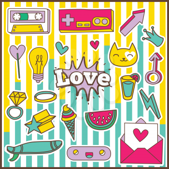 Cute Chic Fashion Summer Patch Badges with Love Expression, Letter, Crown, Lamp, Heart, Glasses, Cassette, Arrow, Surfboard, Watermelon. Set of Stickers, Pins, Patches in Cartoon 80s-90s Comic Style.